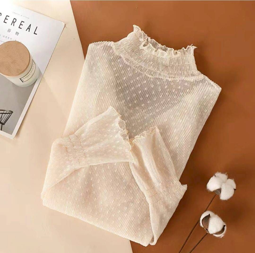 網紗透視上衣・喇叭袖木耳邊打底衫｜半高領長袖設計感上衣