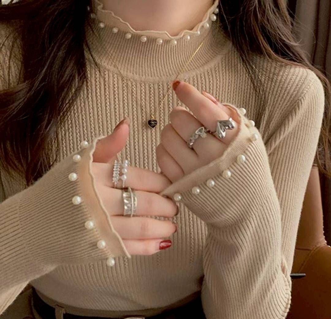 珍珠蕾絲小香風毛衣內搭｜長袖針織打底衫・秋冬質感上衣