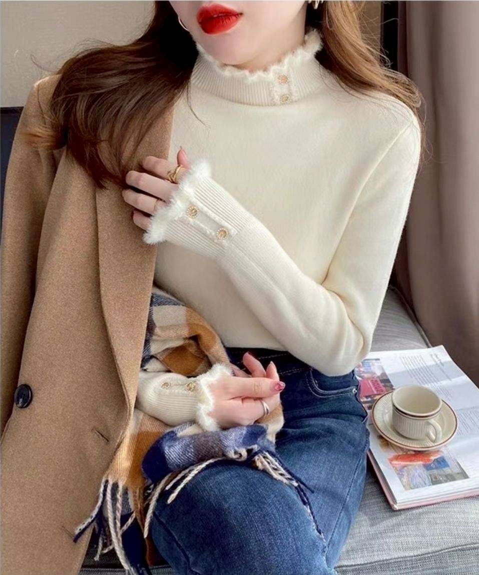 加絨加厚設計感毛衣上衣｜一體絨針織打底衫・半高領秋冬長袖上衣