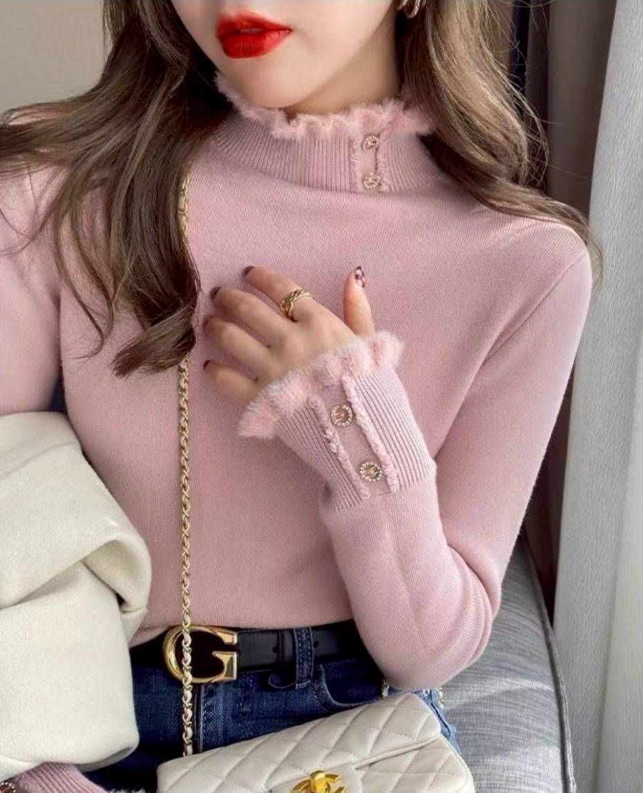 加絨加厚設計感毛衣上衣｜一體絨針織打底衫・半高領秋冬長袖上衣