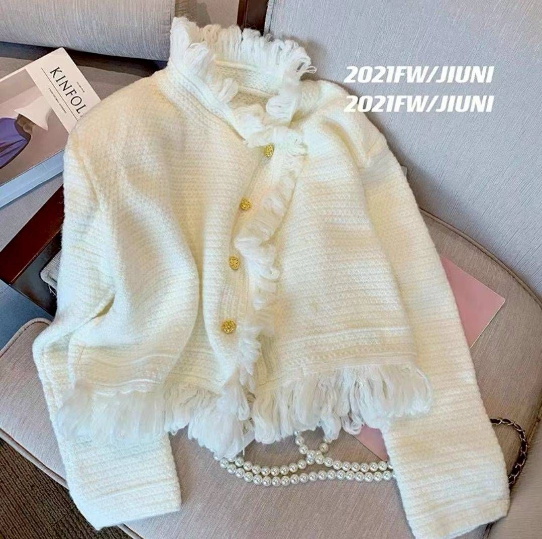 優雅白色流蘇毛邊外套｜不規則設計感針織開衫・質感秋冬外搭