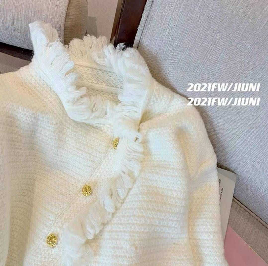 優雅白色流蘇毛邊外套｜不規則設計感針織開衫・質感秋冬外搭