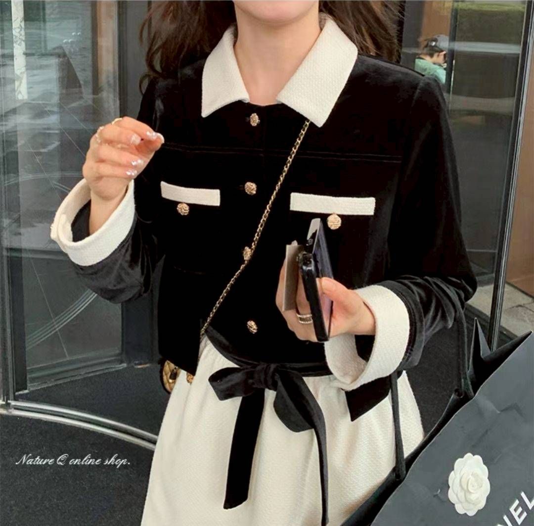 法式小香風絲絨外套＋高腰顯瘦半身裙｜氣質兩件式套裝