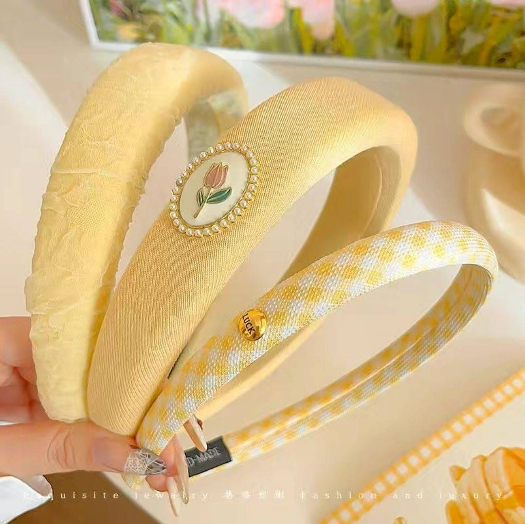 韓系甜美高顱頂髮箍✨️ 高級感寬邊頭飾 黃色款 5入組