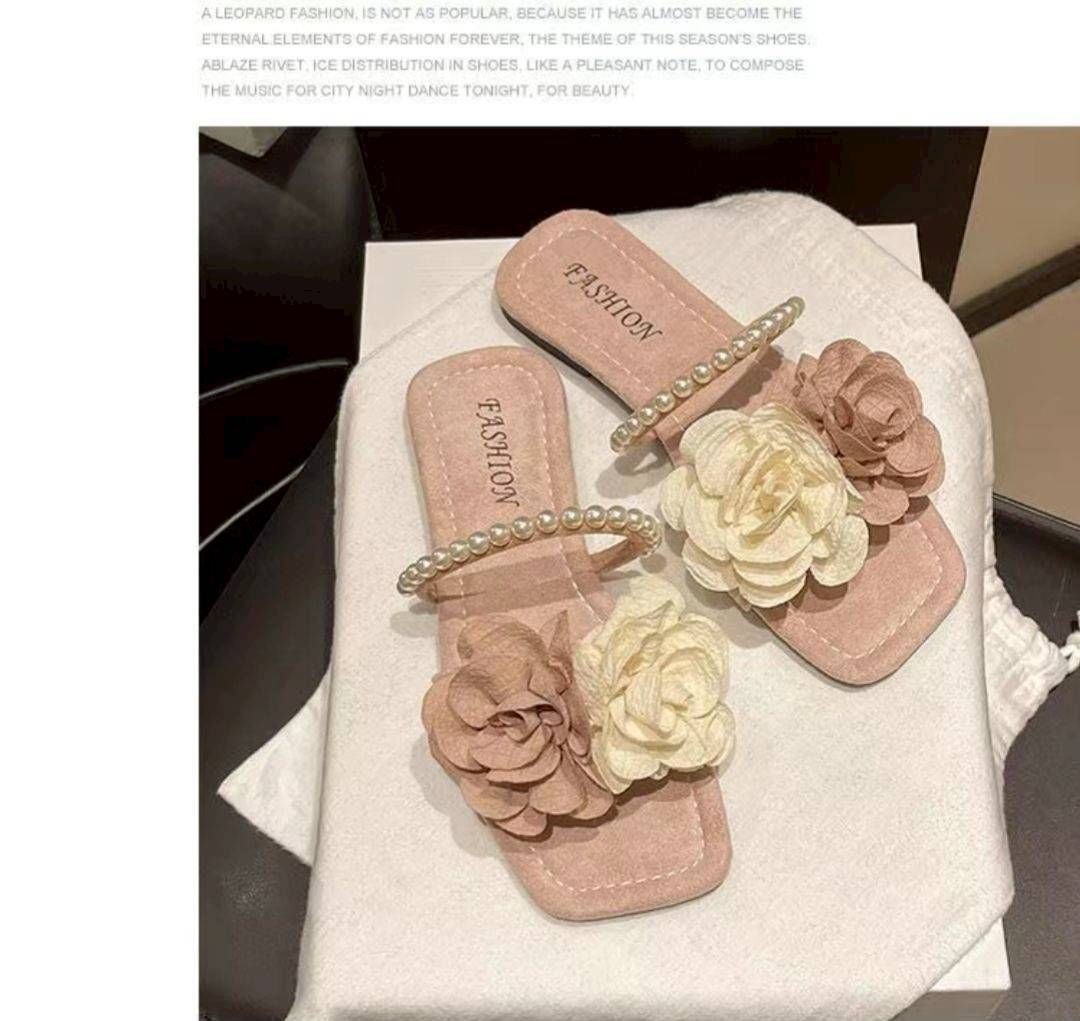 法式浪漫復古珍珠花朵平底拖鞋｜2026夏季新款
