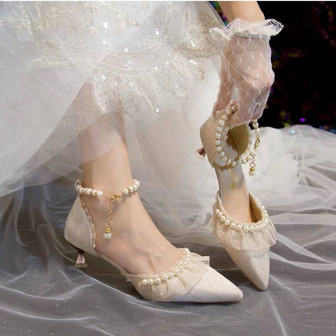 珍珠蕾絲包頭中空低跟鞋｜超美細跟尖頭涼鞋