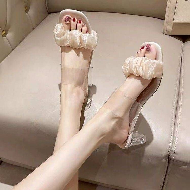 赫本風透明水晶粗跟高跟拖鞋｜夏季優雅不累腳高跟鞋