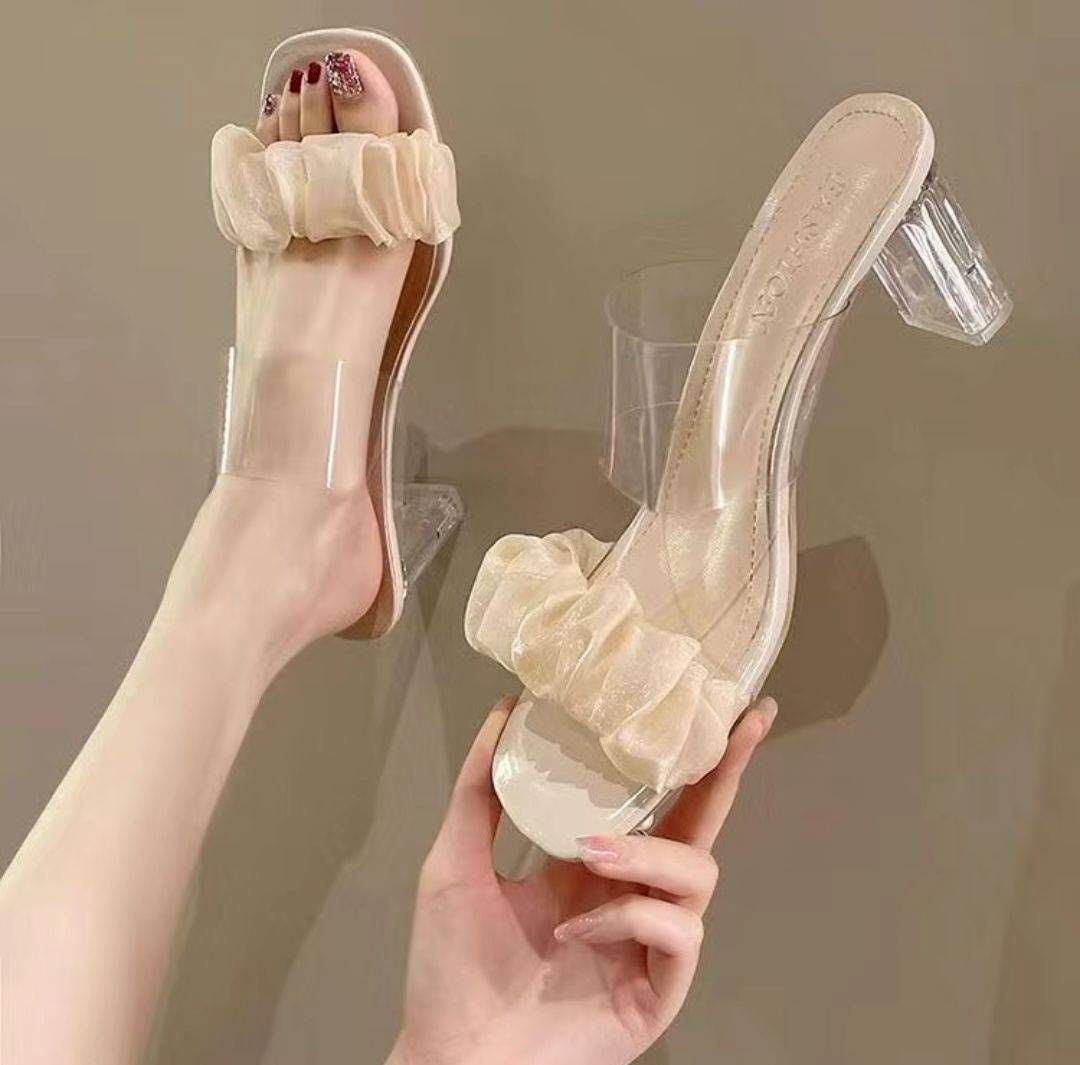 赫本風透明水晶粗跟高跟拖鞋｜夏季優雅不累腳高跟鞋