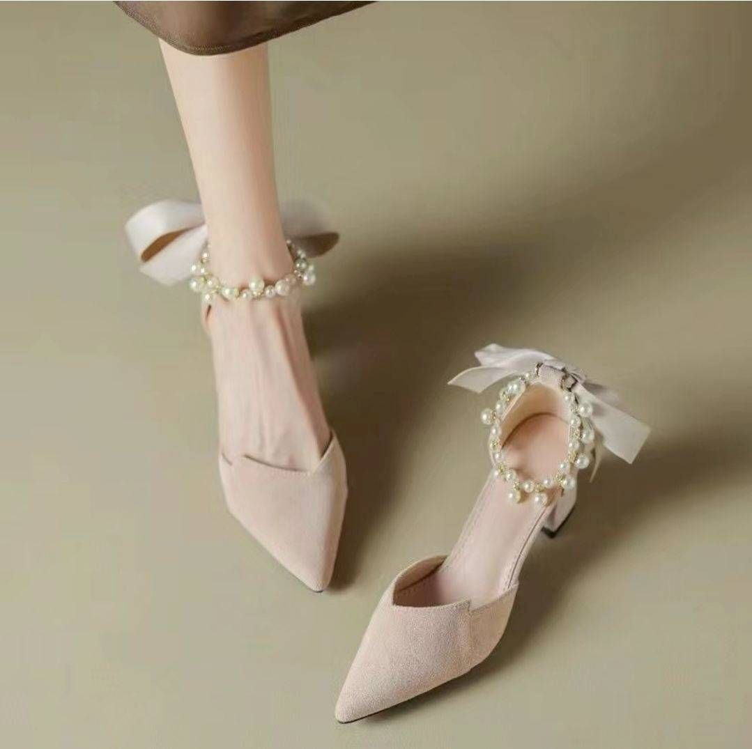 法式真軟皮珍珠蝴蝶結綁帶高跟鞋｜仙女風伴娘氣質單鞋