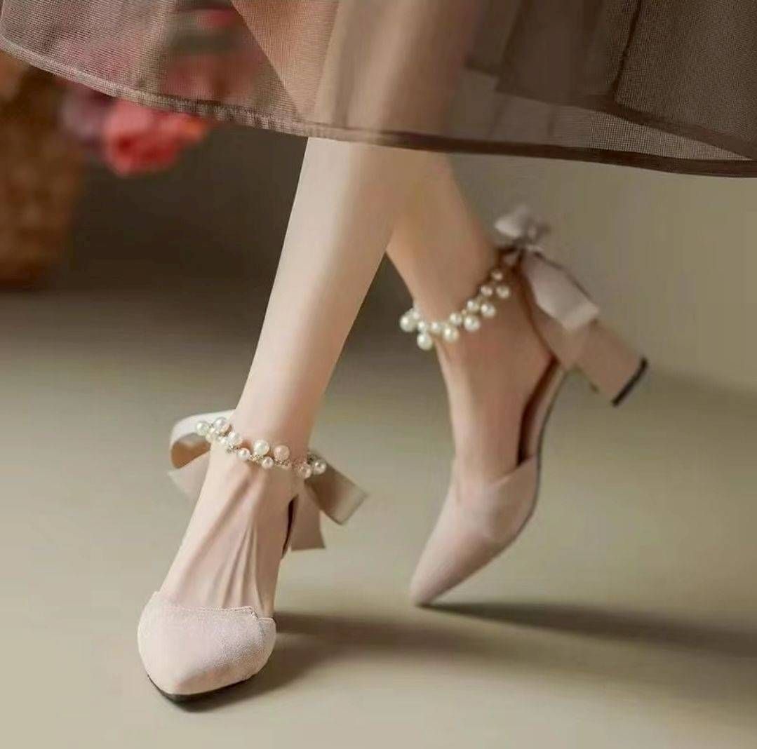 法式真軟皮珍珠蝴蝶結綁帶高跟鞋｜仙女風伴娘氣質單鞋