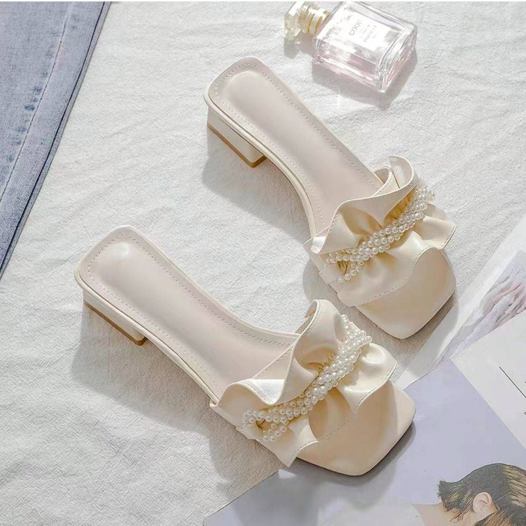 法式珍珠一字涼拖鞋｜夏季防滑平底外穿女鞋