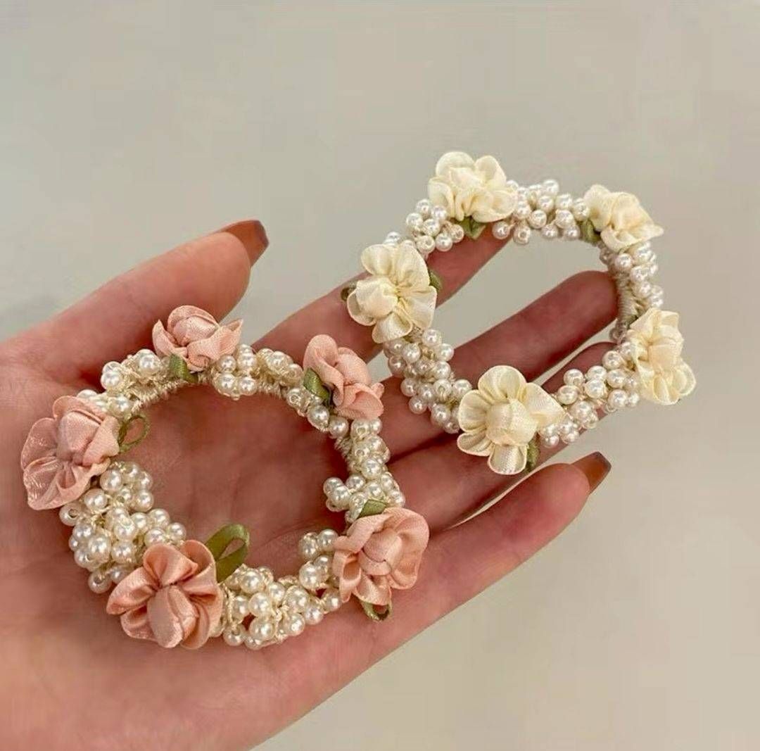 韓系玫瑰珍珠髮圈｜甜美花朵馬尾髮繩