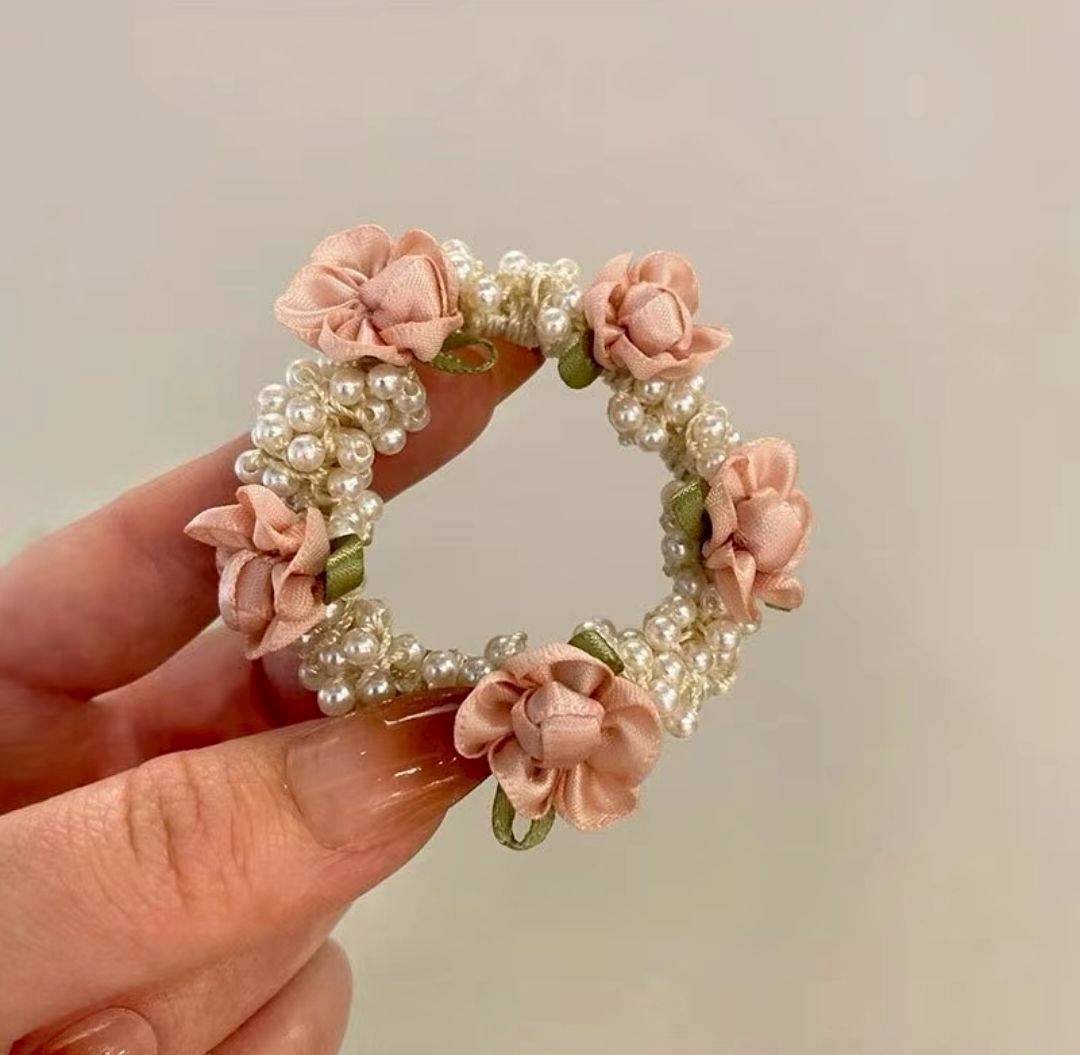 韓系玫瑰珍珠髮圈｜甜美花朵馬尾髮繩
