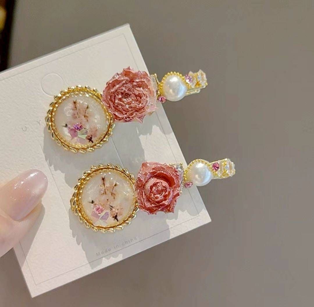 法式乾花滴釉珍珠髮夾｜高級感瀏海側邊夾