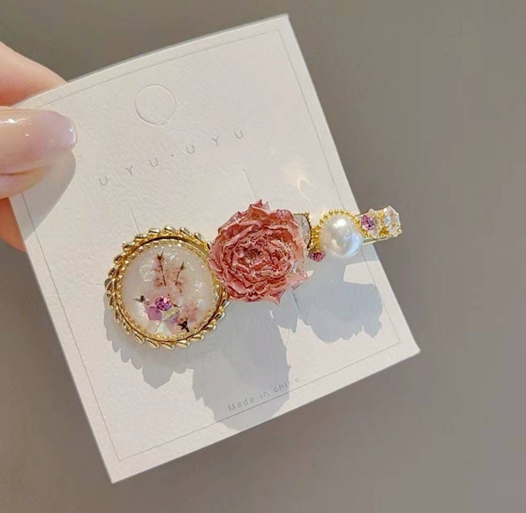 法式乾花滴釉珍珠髮夾｜高級感瀏海側邊夾