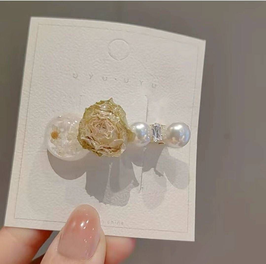 森系氣質乾花珍珠髮夾｜高端瀏海碎髮鴨嘴夾