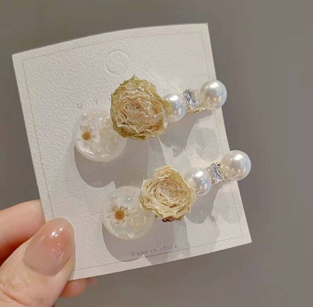 森系氣質乾花珍珠髮夾｜高端瀏海碎髮鴨嘴夾