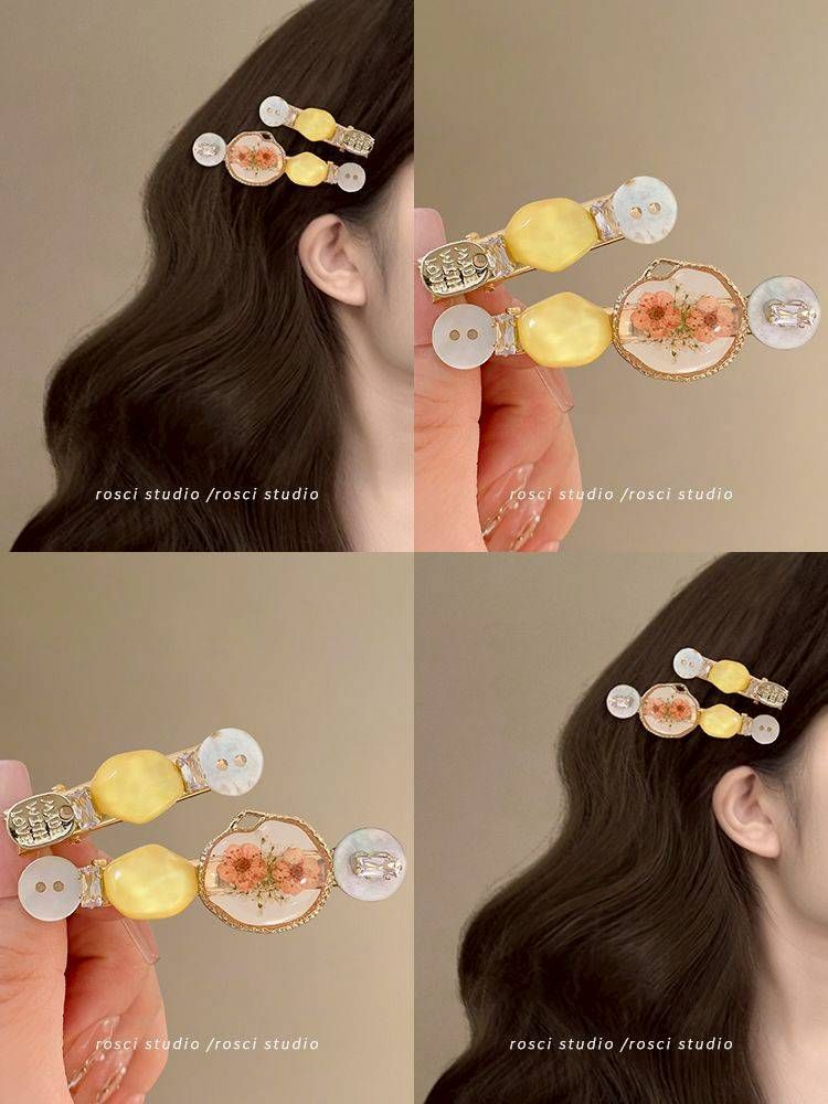 黃花滴釉復古髮夾｜高級感瀏海碎髮側邊夾 二入