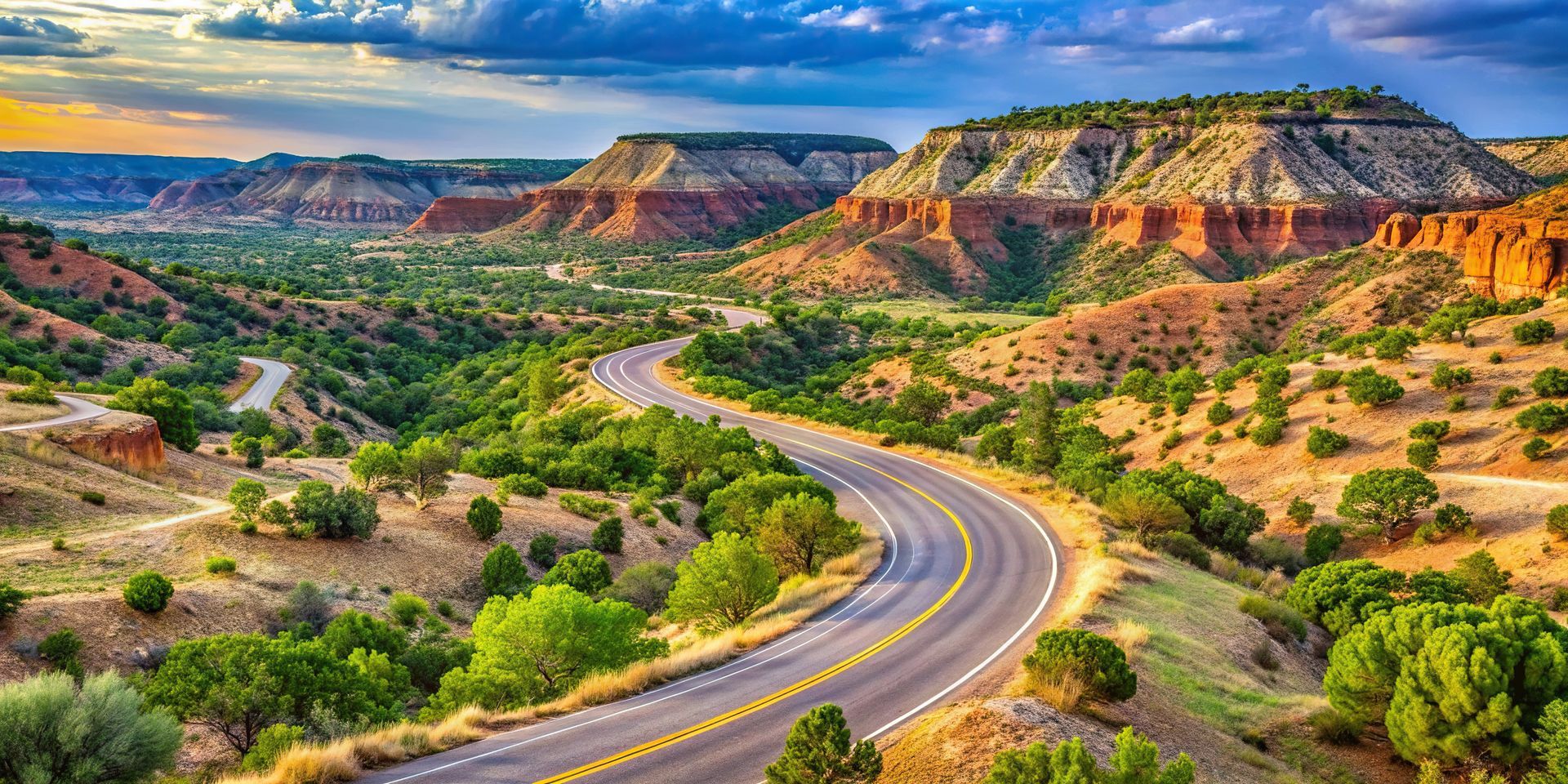 An aerial view of a road going through a desert landscape.