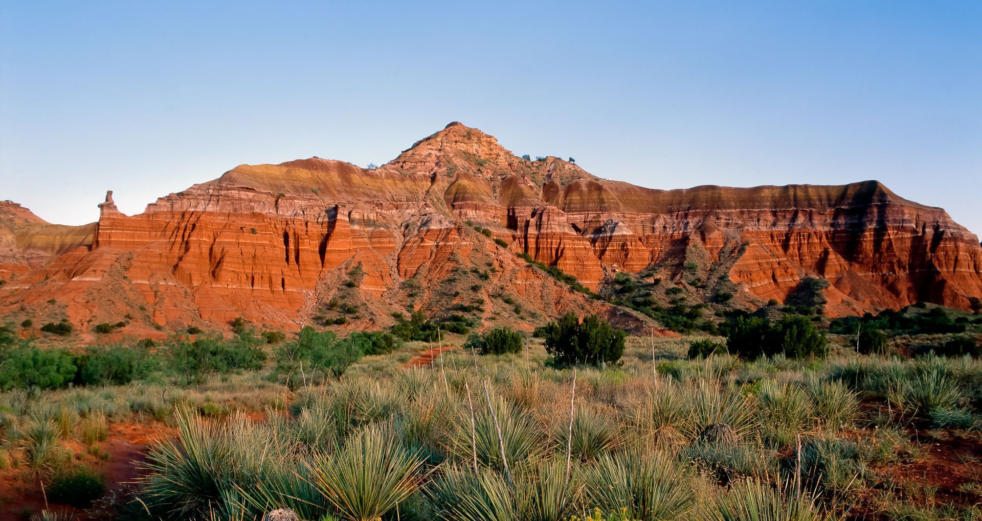 A desert landscape with a mountain in the background