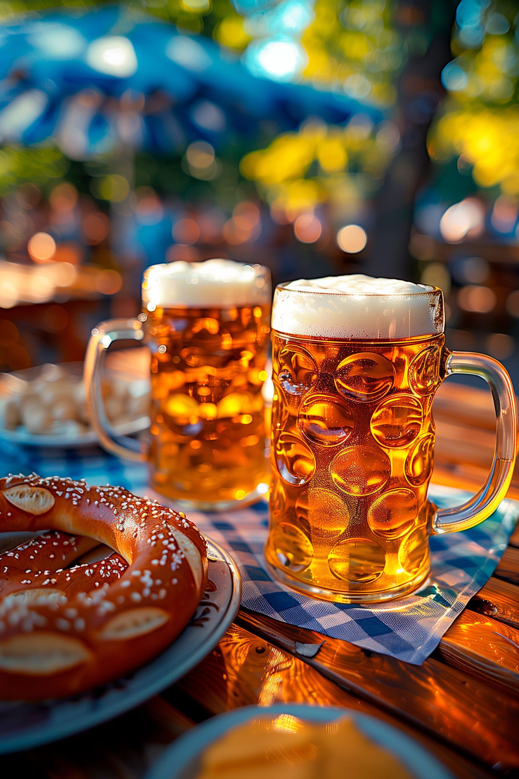 Two mugs of beer and a pretzel on a table.