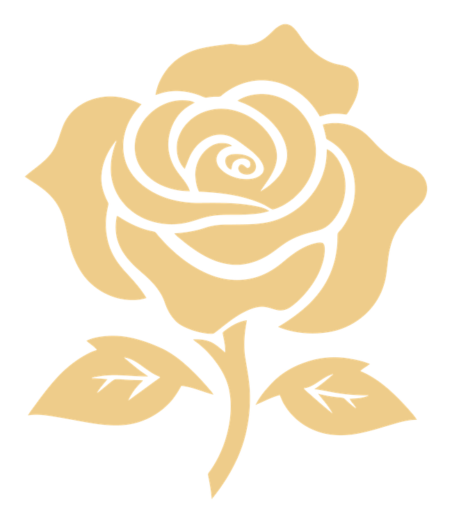 A silhouette of a gold rose with leaves on a white background.