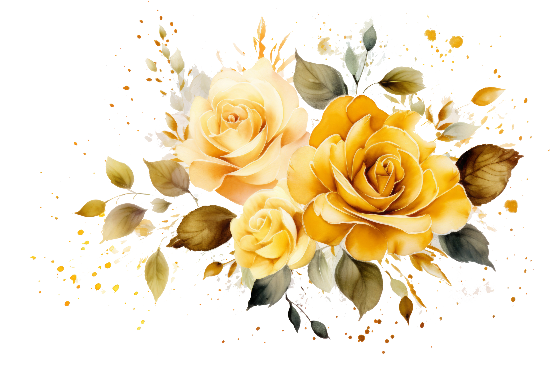 A bouquet of yellow roses with leaves on a white background.