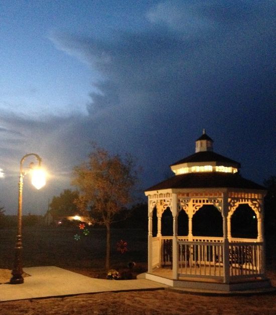 A gazebo is lit up at night with a street light in the foreground