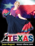 A woman in a long dress is dancing in front of a texas flag.