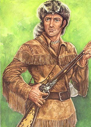 A photo of Davy Crockett holding a rifle.