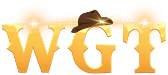 A gold logo with a cowboy hat on top of it.