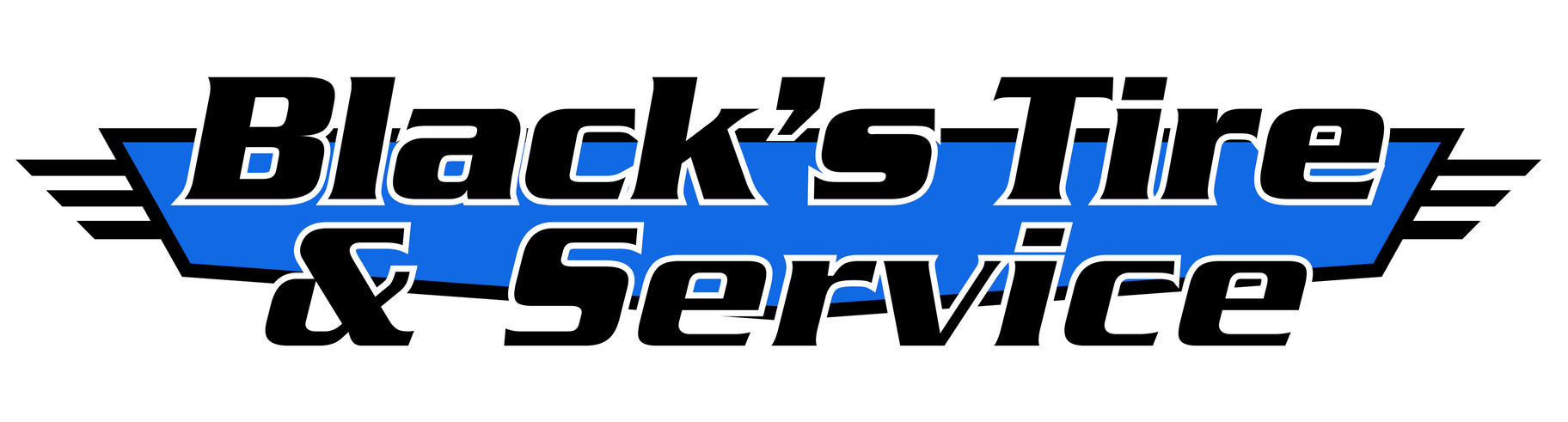 Black's Tire & Service logo with black text on a blue background and stylized wings.