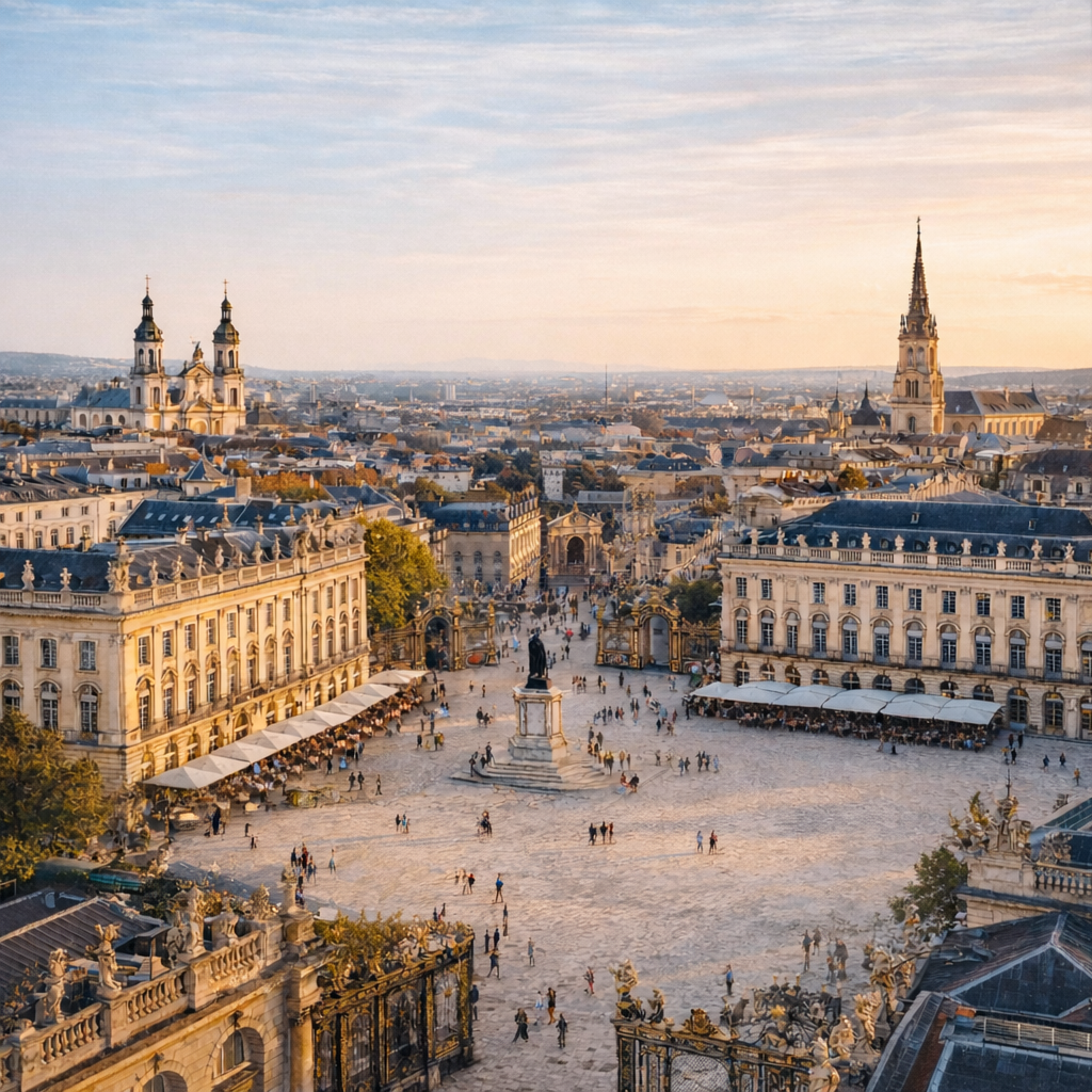 Logo for Urban Housing above a city square; 