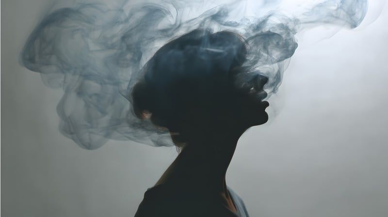 Silhouette of a person with smoke billowing from their head, against a gray background.