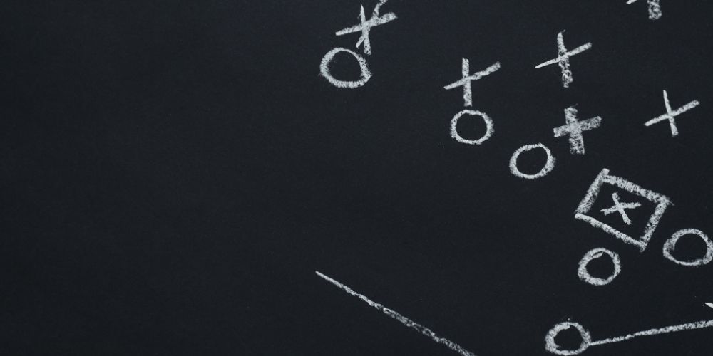 A chalkboard with a strategy drawn on it.