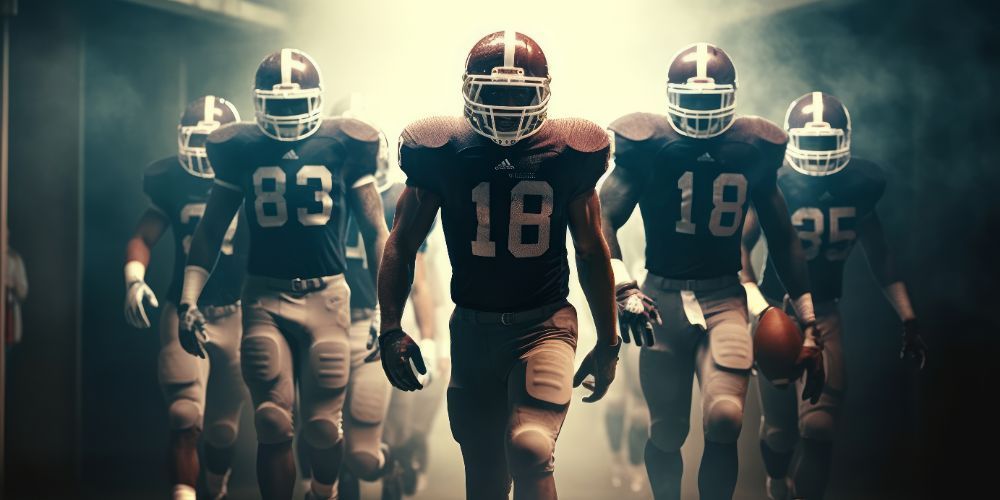 A group of football players are walking through a tunnel.