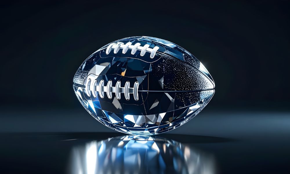 Crystal football on a reflective surface, dark background.