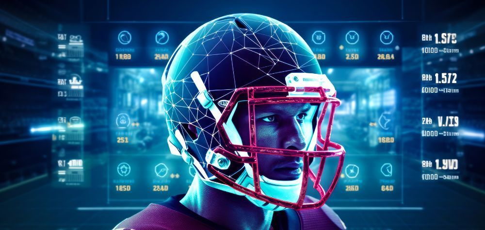 A football player wearing a helmet is standing in front of a computer screen.