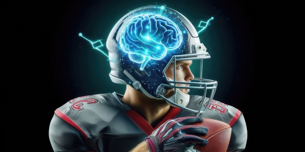 A football player wearing a helmet with a brain on it is holding a football.