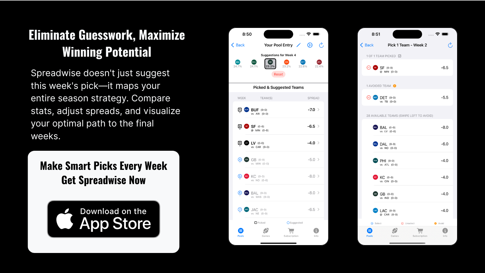 App Store ad for Surevise, a sports betting app. Shows mobile app screens with picks and a call to 