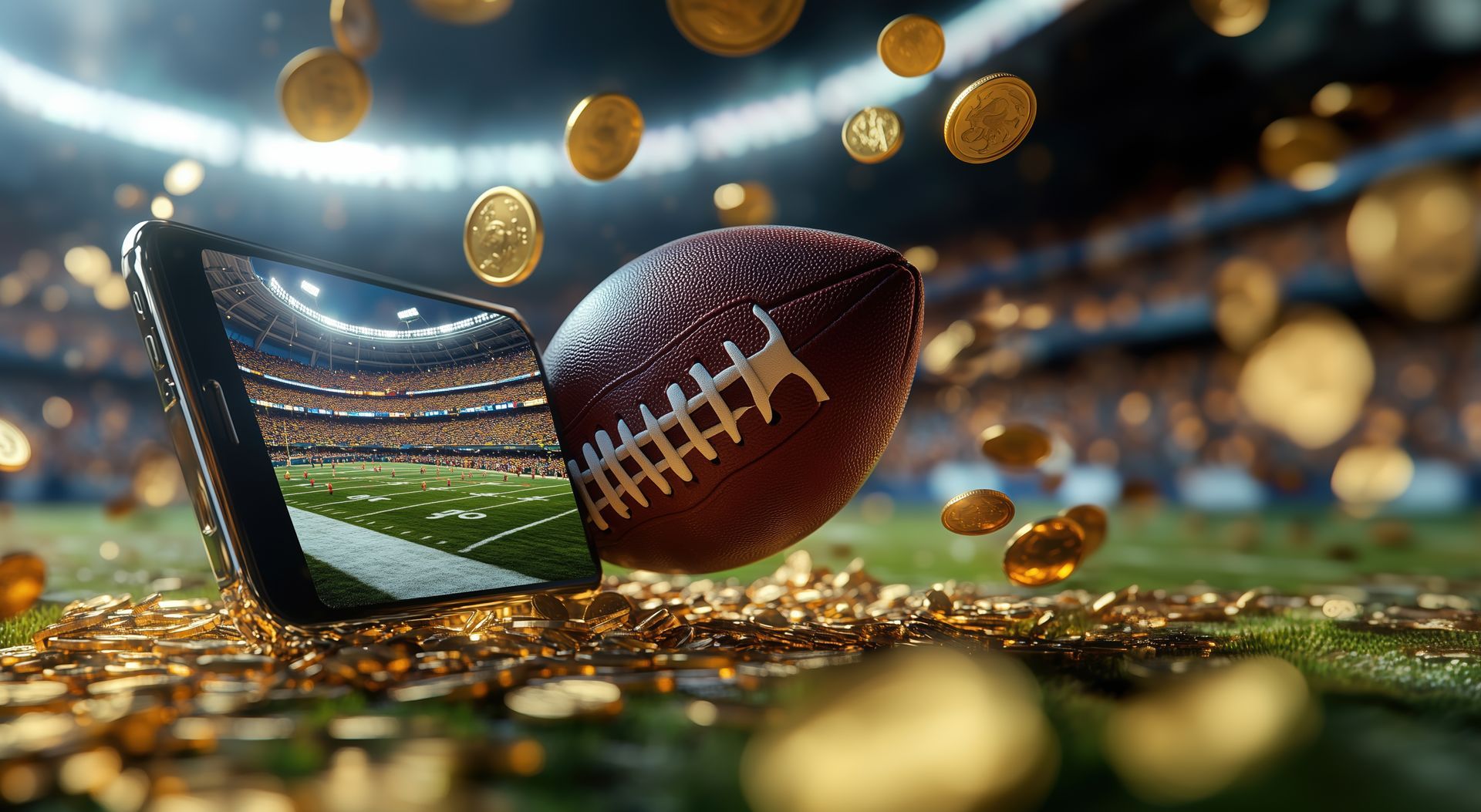 A football is sitting on top of a pile of gold coins on a field.