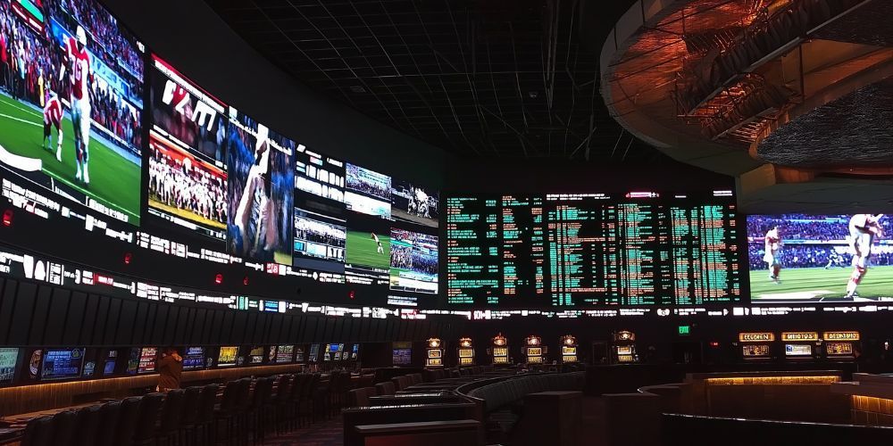 A large screen displays a soccer game in a stadium.