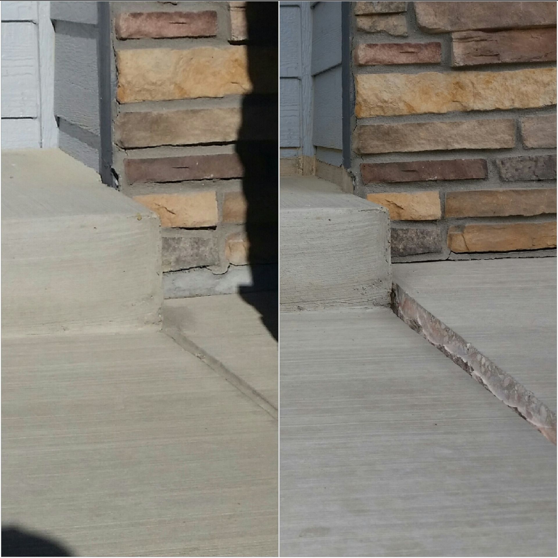 A before and after photo of a concrete walkway next to a stone wall