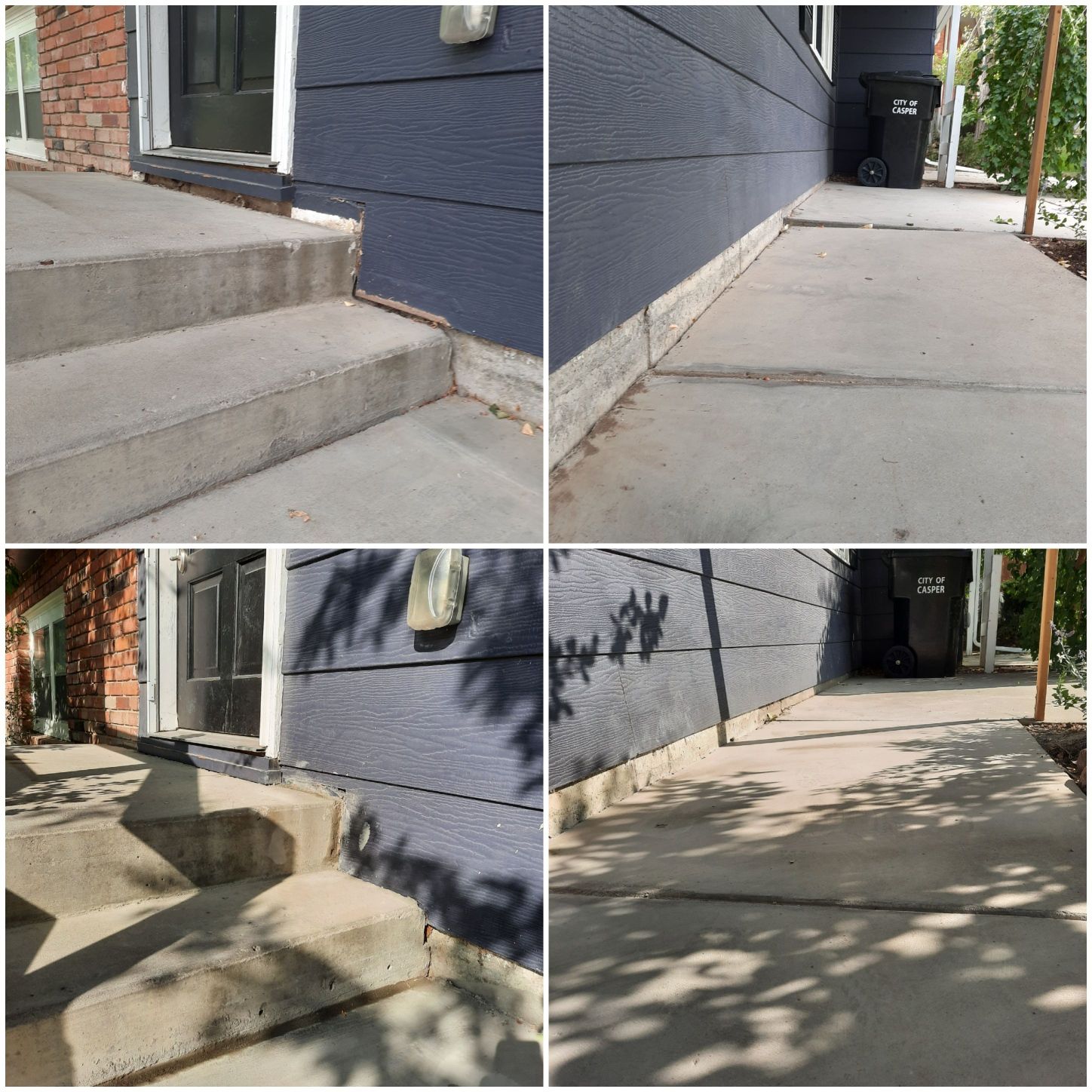 A collage of four pictures of a house with stairs and a sidewalk