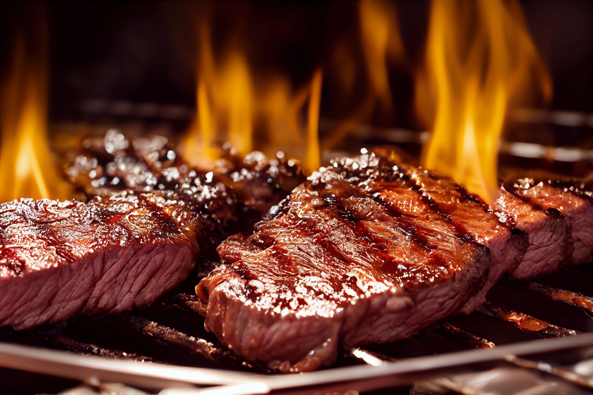Steaks are cooking on a grill with flames behind them