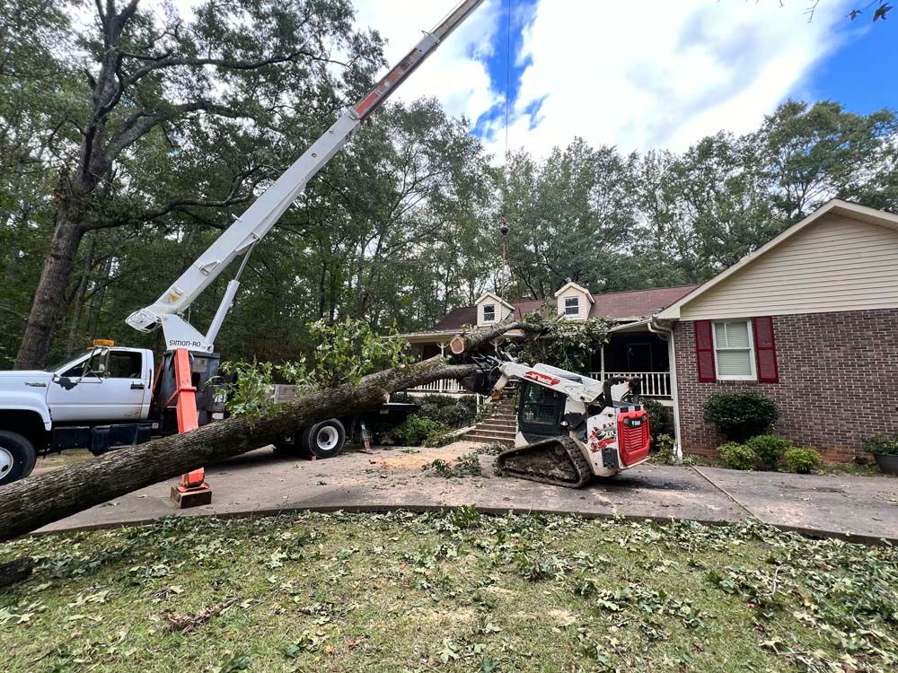 A crane is cutting a tree in front of a house.