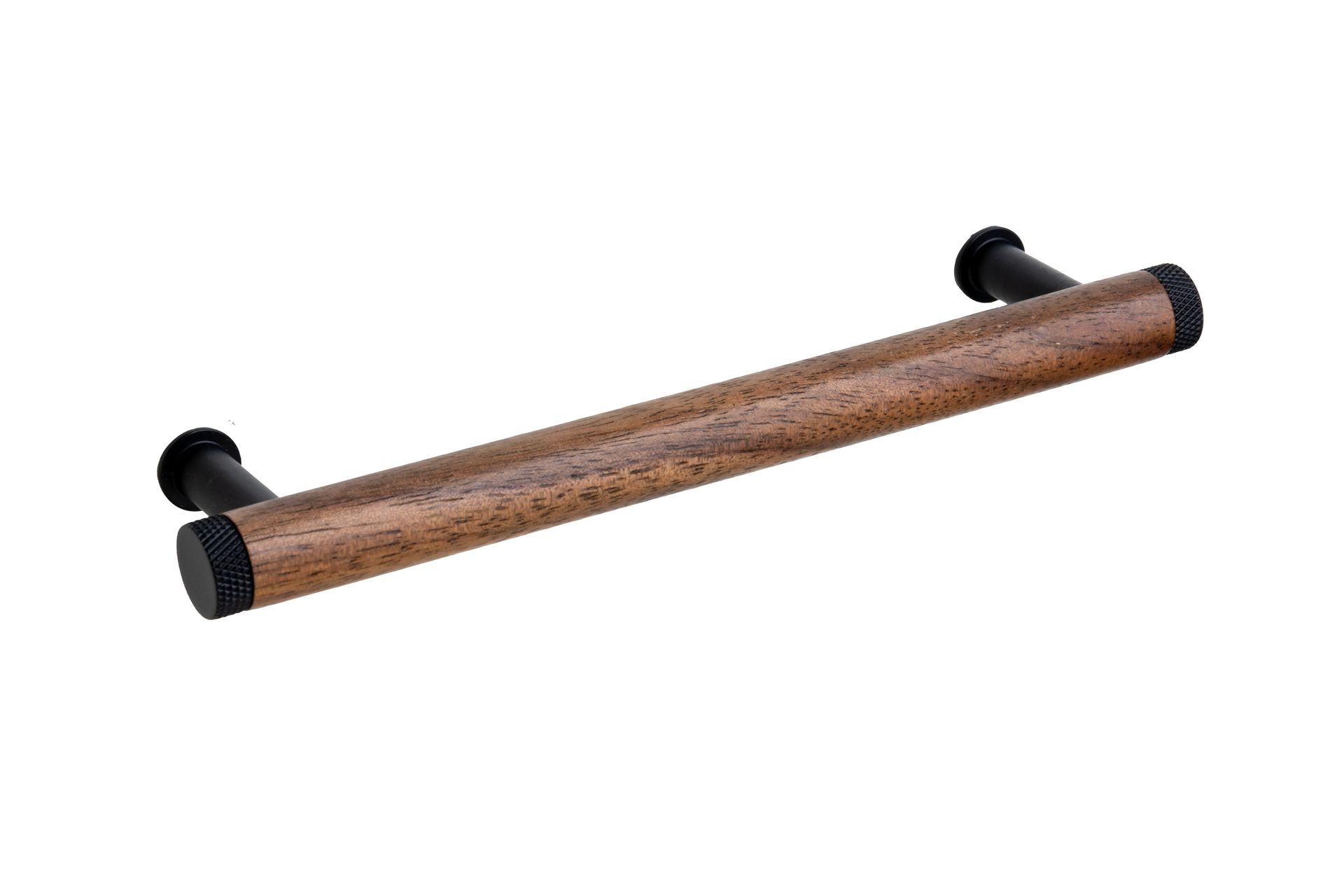A wooden towel bar with black handles on a white background.