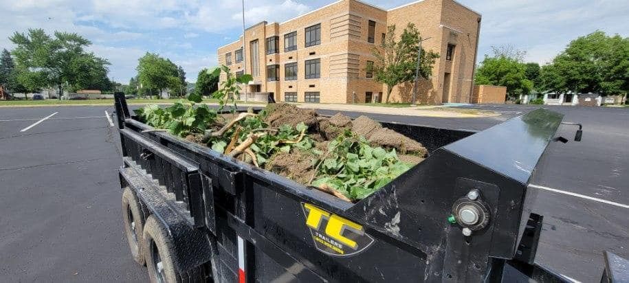 A dumpster filled with leaves is parked in a parking lot in front of a building.