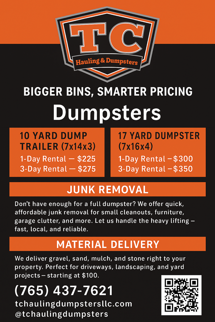 Pricing for dumpsters and deliveries from TC Hauling & Dumpsters LLC. Includes rental rates and phone number.