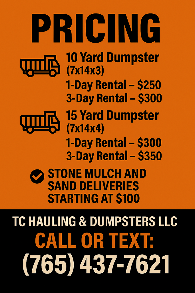 Pricing for dumpsters and deliveries from TC Hauling & Dumpsters LLC. Includes rental rates and phone number.